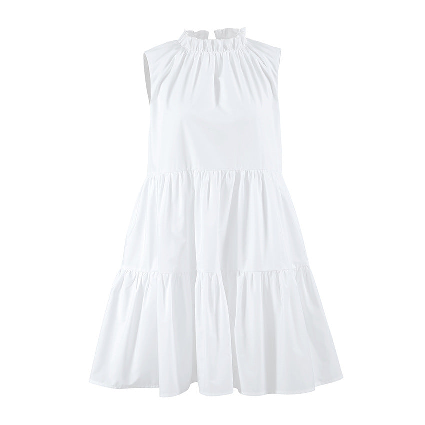 Vestido elegante blanco que combina con todo, cuello redondo, lazo, cordones, elegante, suelto, corto