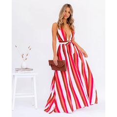 Vestido informal a rayas con escote en V profundo y tirantes, holgado, con cordones y vuelo grande