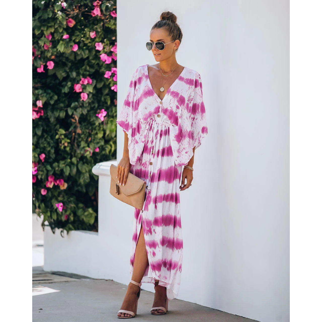 Vestido holgado de encaje con efecto tie-dye para uso diario.