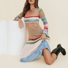 Colorful Contrast Color U Collar Hollow Out Cutout Long-Sleeved Knitted Dress