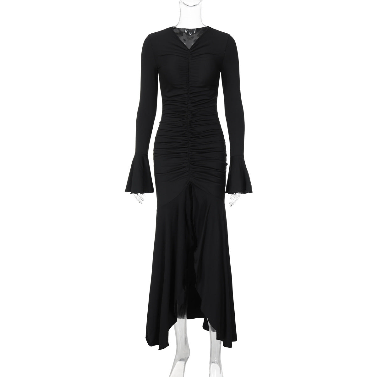 V Neck Pleated Slim Fit Flared Sleeves Maxi