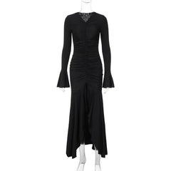 V Neck Pleated Slim Fit Flared Sleeves Maxi