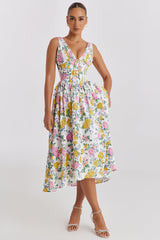 Elegante vestido midi floral de tendencia navideña, sin mangas, ajustado, con escote en V y cintura ceñida