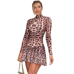 Printed Slim Fit Leopard Print Long Sleeve Dress