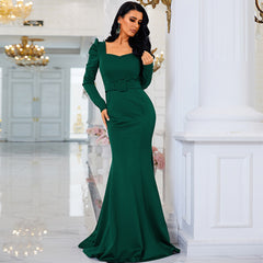 Vestido de cóctel para dama de honor de noche, elegante, ajustado, de manga larga y cuello en U, color liso