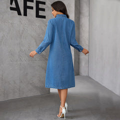Vestido midi de mezclilla de manga larga, elegante, retro, con cuello chino