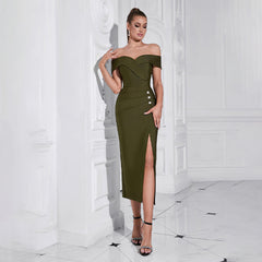 Vestido tubo con hombros descubiertos y abertura lateral, estilo midi, estilo vendaje, para cena