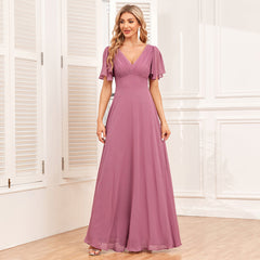 Elegant Double V neck Short Sleeve Shiny Bright Formal Dress A line Fully Lined Chiffon Dress
