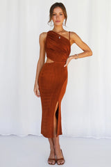 Single-Shoulder Suspender Solid Color Stretch Knitted Midi Dress