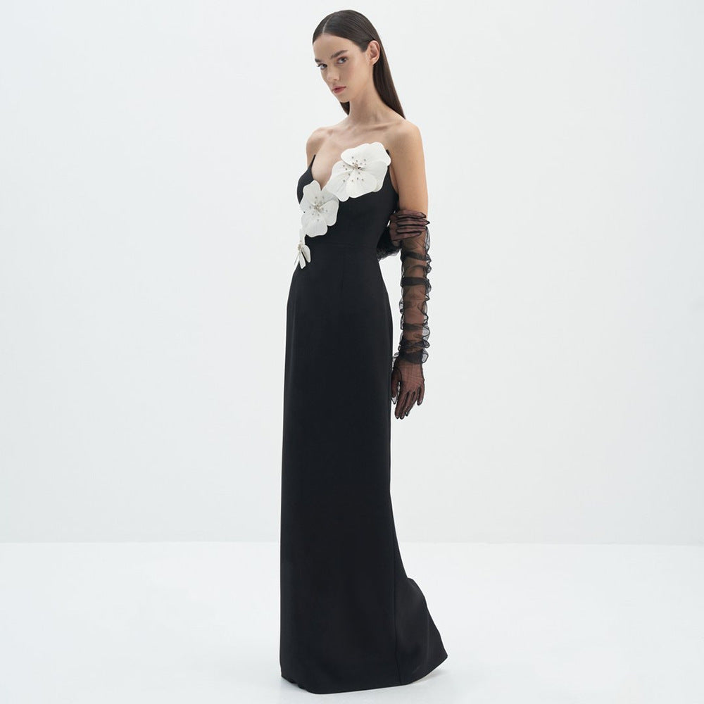 Black Tube Top Dress Floral Diamond Core Split off-Shoulder Design