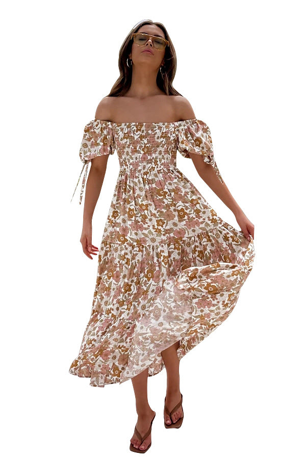Elegant off-Shoulder Short Sleeve Lace-up Large Maxi Dress for