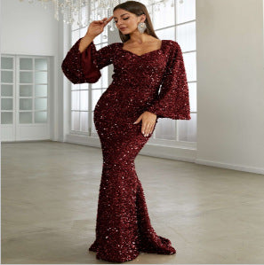 Elegant Sequ Toast Dress Mid Length Slimming Solid Color V neck Evening
