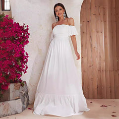 Off Shoulder White Maxi Dress Short Sleeve Prom Evening Dress Long Casual Holiday Dress
