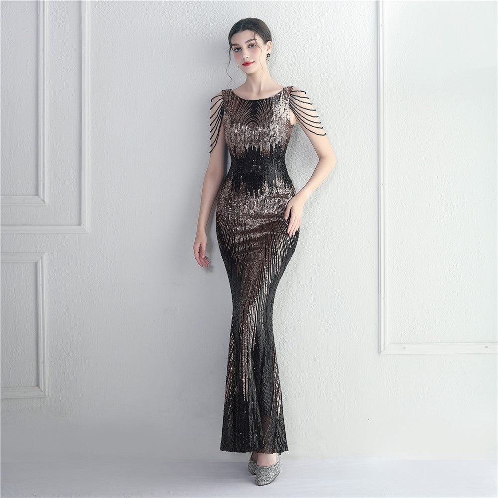 Positioning Floral Sequin Craft Beaded Party Dinner Ceremony Concert Maxi Dress Evening Dress
