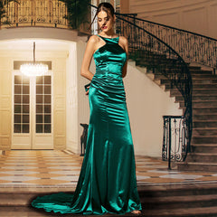 Vestido de cóctel para dama de honor, de noche, elegante, ajustado, largo, de color liso, sin mangas y cuello redondo