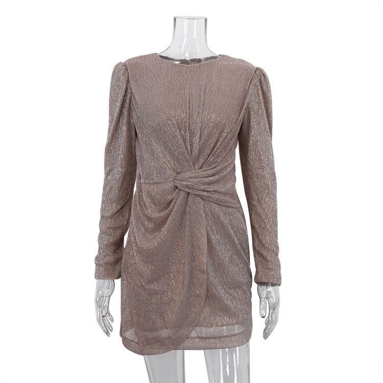 Early Long Sleeve round Neck Twisted Waist Design Dress Hip Dress