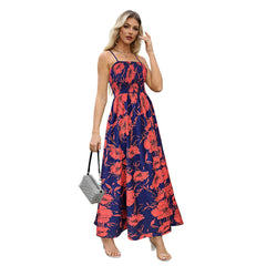 Suspender Printed Backless High Waist Long Dress
