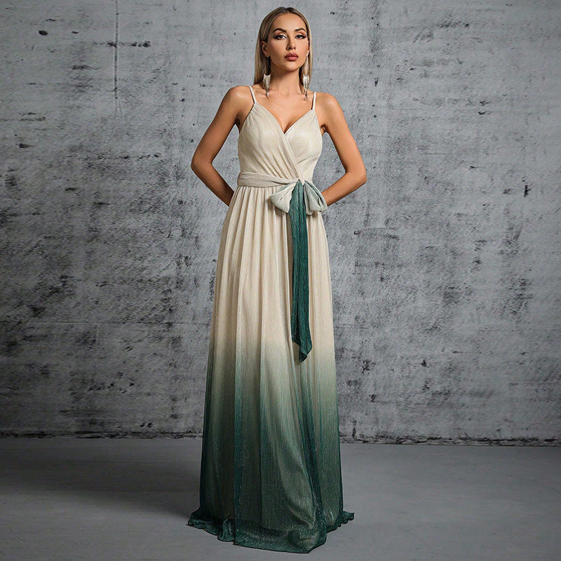 Vestido de noche largo con tirantes, espalda descubierta, cordones y degradado de color