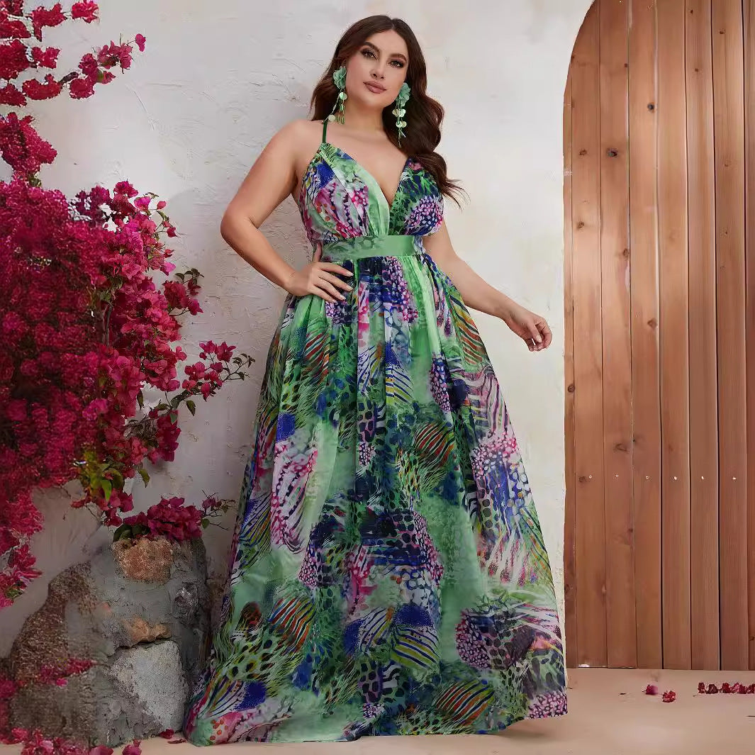 Plus Size Chiffon Spaghetti Straps Sleeveless Maxi Dress Printed V neck Vacation Dress