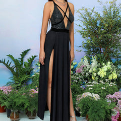 Upper Body Cross Strap Deep V Plunge High Slit Backless Sling Dress Solid Color Sleeveless High Sense Sequ Dress