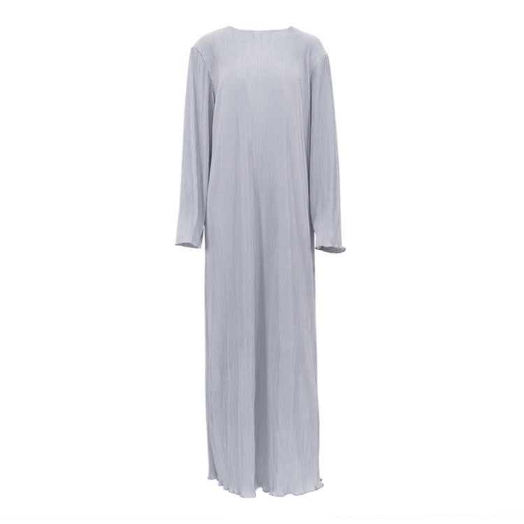 Dress Pleated round Neck Long Sleeve Solid Color Loose Maxi Dress Slimming Casual