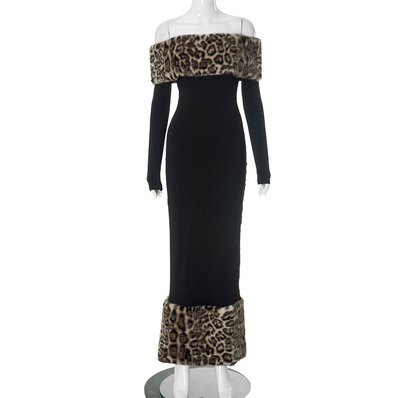 Elegant Leopard Print Fur Stitching off Shoulder Dress