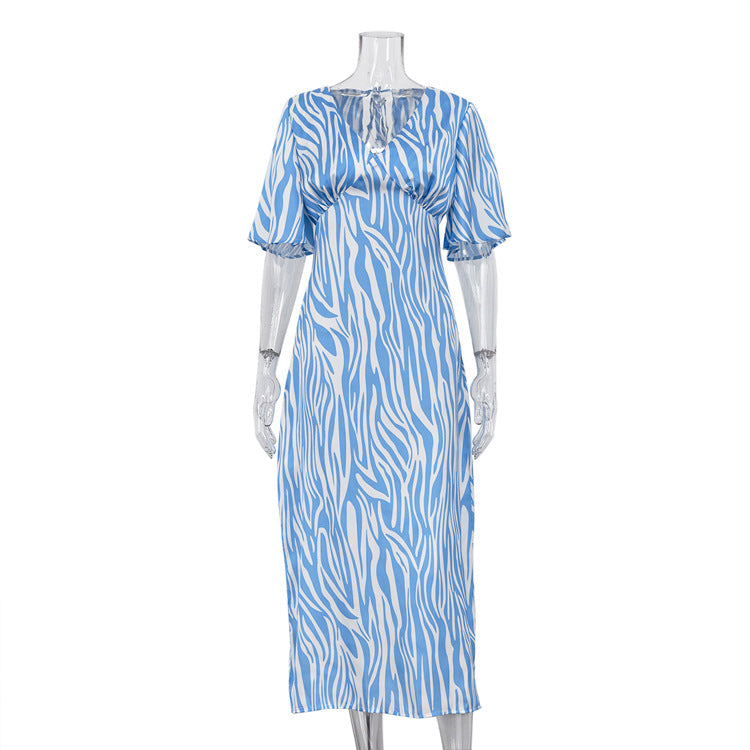 Dress Short Sleeve Satin Drooping Slimming Backless Printed Maxi Dress