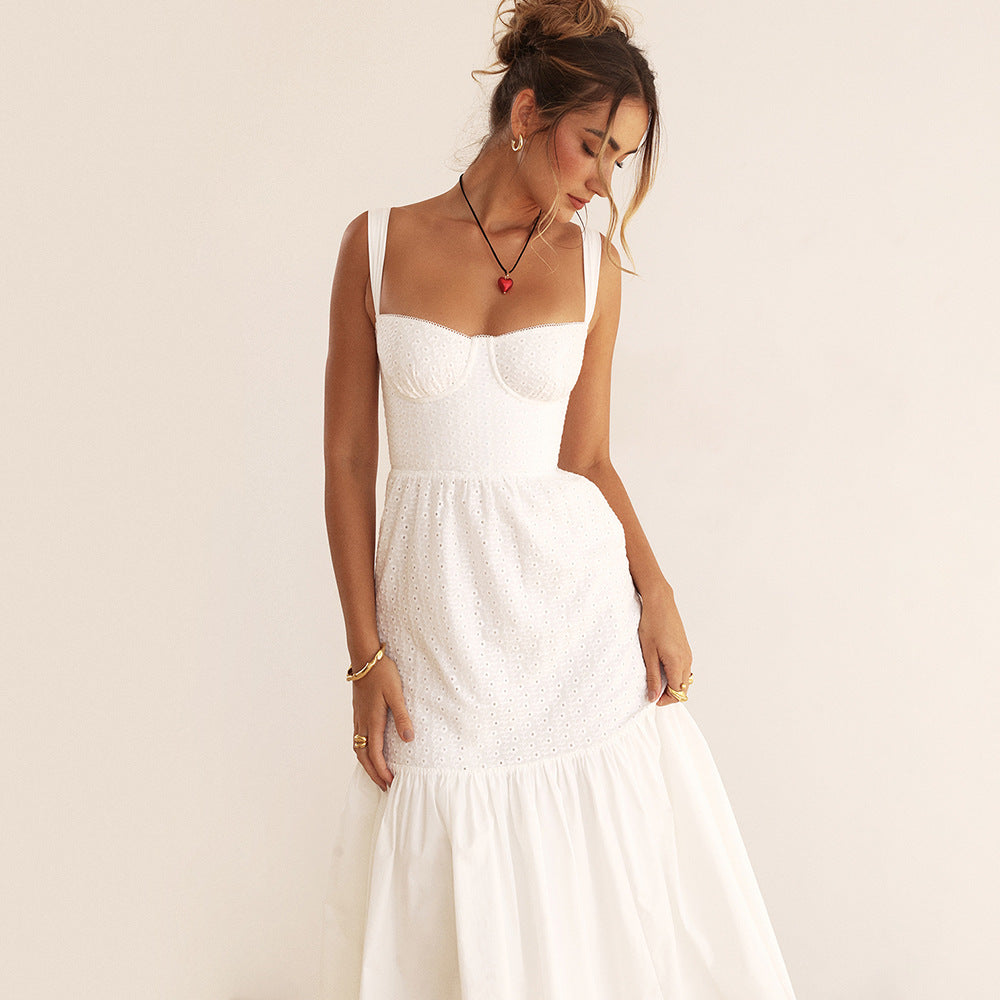 Cami Dress Cotton Linen Jacquard Mid Length Dress White Dress for Sweet Spicy