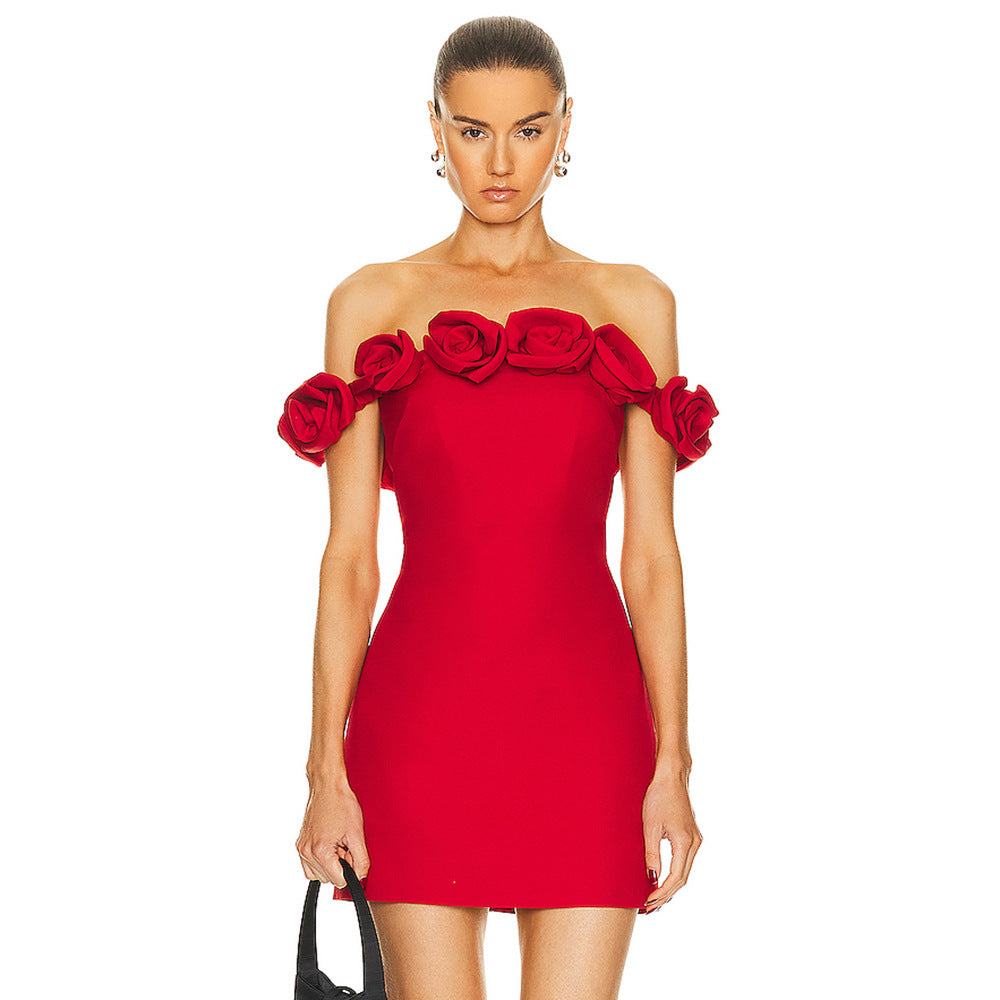 Vestido elástico con estampado floral y escote Bardot rojo
