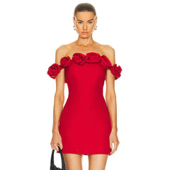 Vestido elástico con estampado floral y escote Bardot rojo