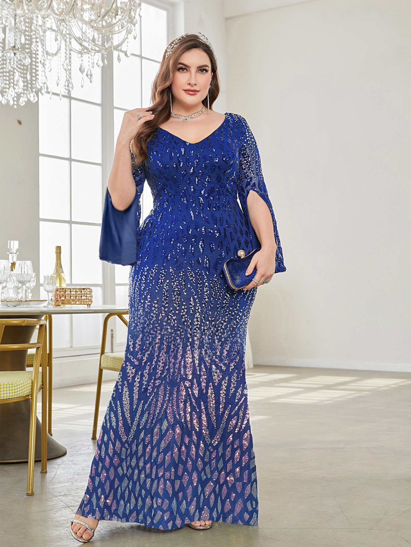 Vestido de noche ajustado con escote en V profundo y manga larga, talla grande, para cóctel o fiesta