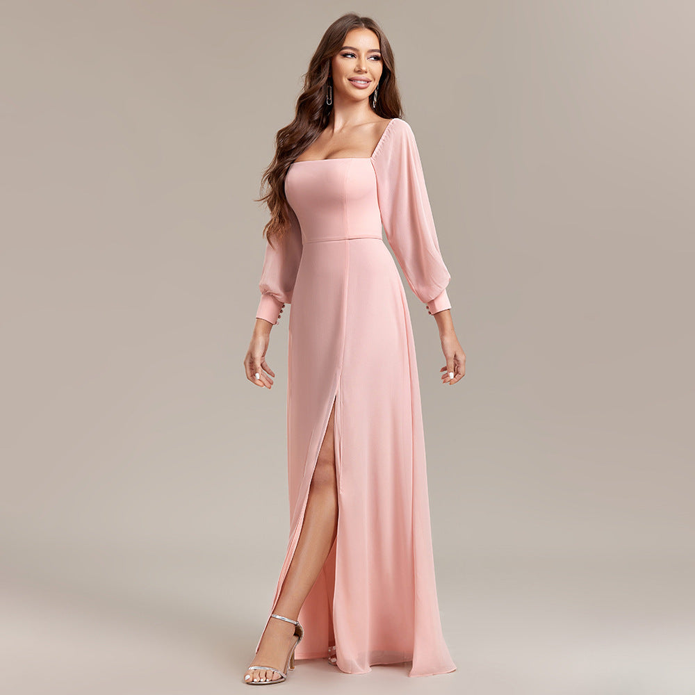 Multiple Wear Elegant Tube Top Elastic Long Sleeve Back Zipper High Slit Formal Dress A line Chiffon Dress