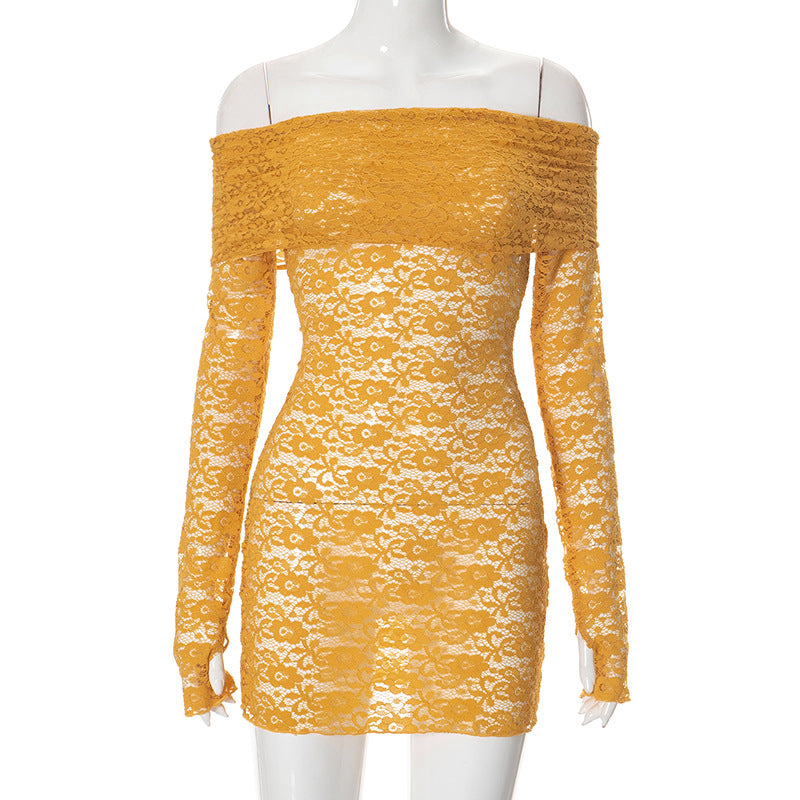 Collared off-Shoulder Long Sleeve Lace Slim Fit Dress