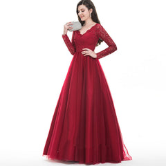 Mesh Lace Long Sleeve Wedding Bridal Gown Dress Evening Maxi Dress