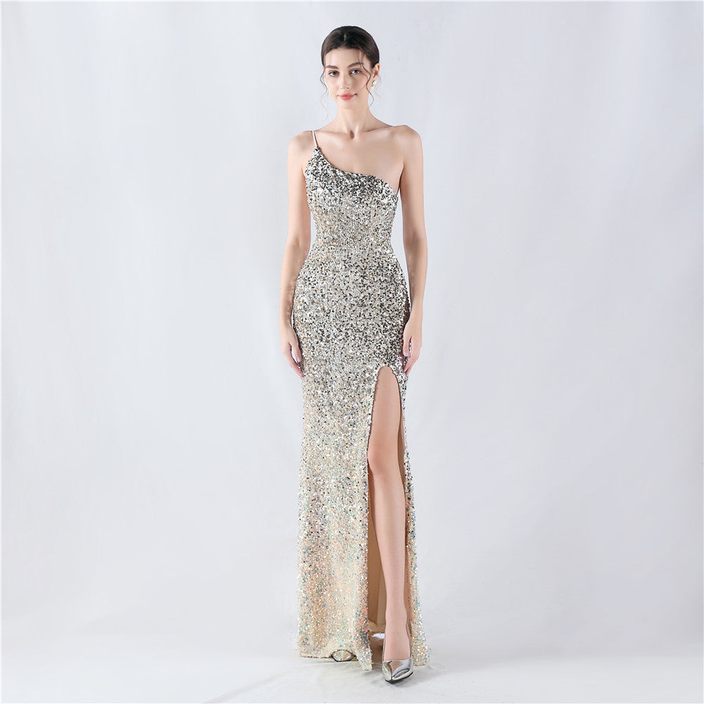 Dress Velvet Bottom Gradient Sequin High Fork Oblique Shoulder Evening Dress