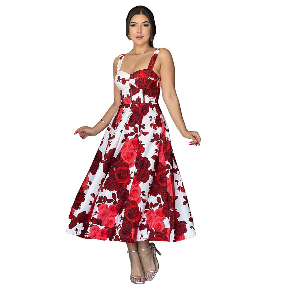 Sling Red Rose Printed Maxi Dress Elegant Dress