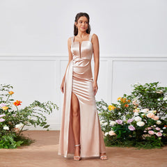 Vestido de mujer con tirantes, parte superior de tubo, abertura lateral alta, bolso de cadera, corte A, cintura alta