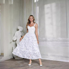 Vestido de gasa con vuelo amplio, estilo europeo francés, con tirantes finos, estampado de camelia tridimensional y corsé con varillas