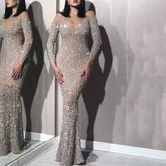 Bronzing Long Sleeve Slim Cocktail Evening Dress