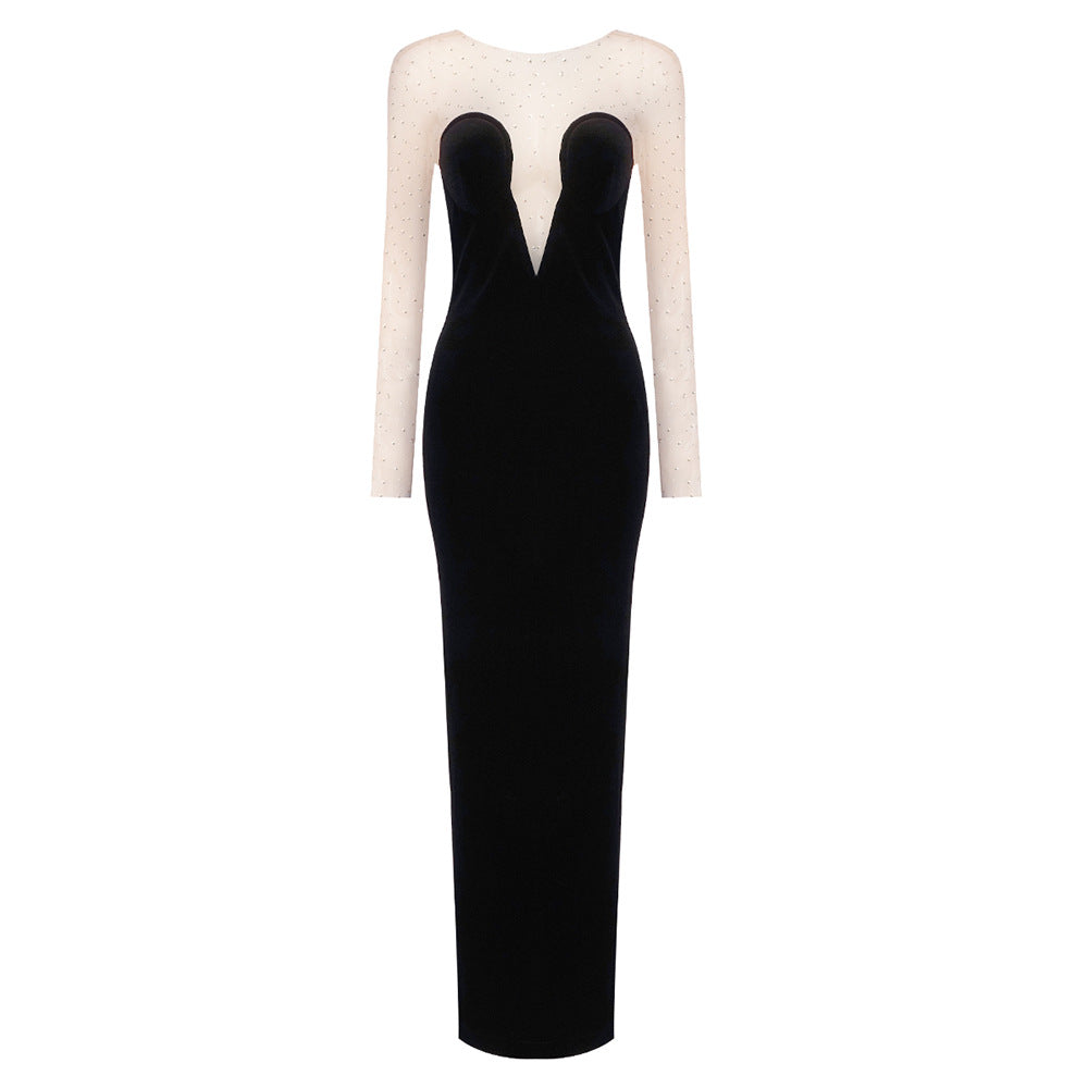 Mesh Semi Transparent Particle Tube Top Long Sleeve Velvet Dress