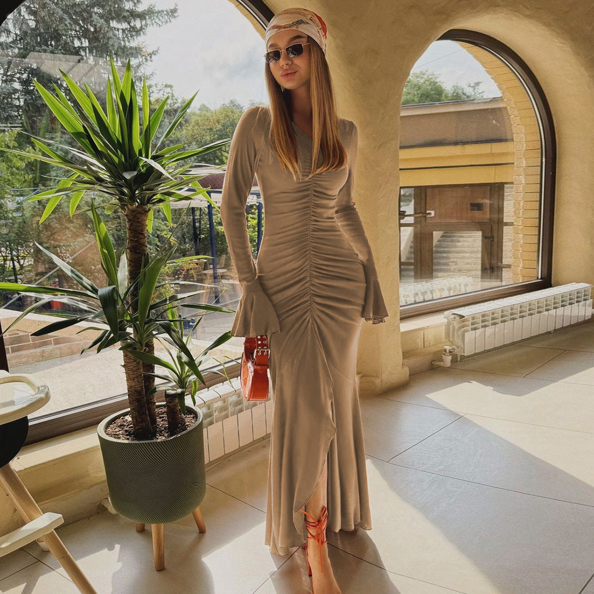 V Neck Pleated Slim Fit Flared Sleeves Maxi