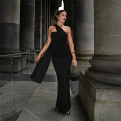 Vestido de noche largo de color liso con escote halter, plisado y lazo en la espalda, ajustado y sin espalda