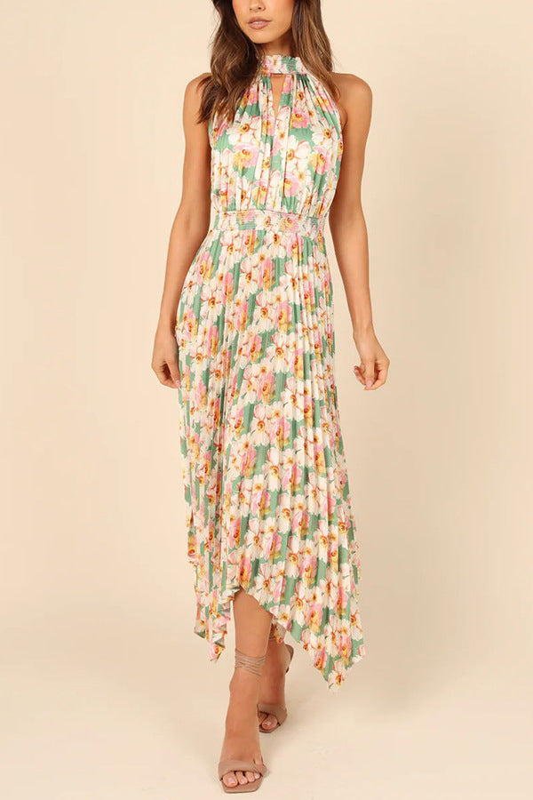 Printing Folding Solid Color Sleeveless Halter V neck Asymmetric Dress