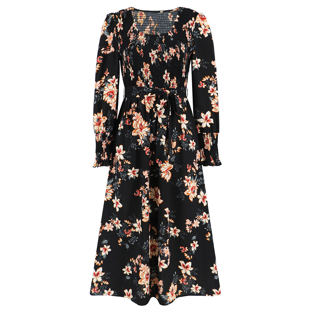 Fall Retro Long Sleeve Smocking Floral Mid Length round Neck Dress Popular