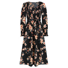 Fall Retro Long Sleeve Smocking Floral Mid Length round Neck Dress Popular