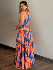 Printed Elegant Halter Large Swing Dress Dress