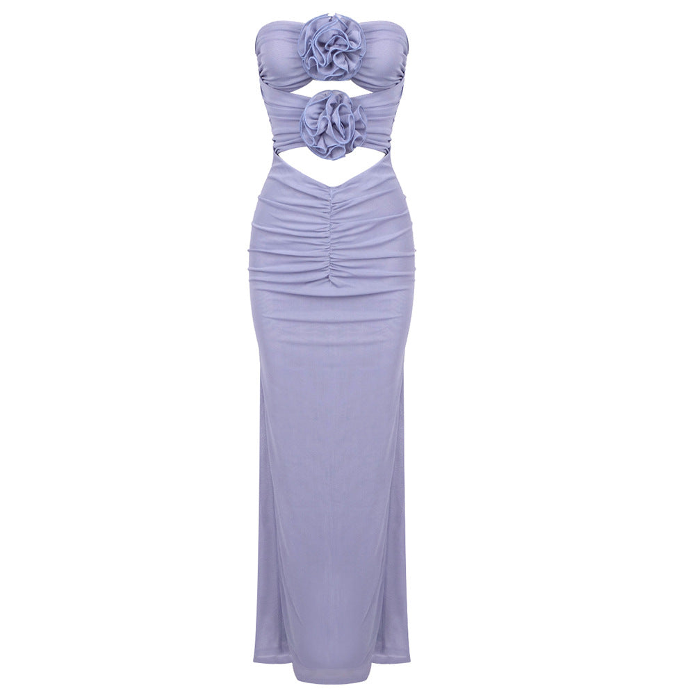 Blue Purple Mesh Elegant Three Dimensional Floral Evening Dress Strapless Dress