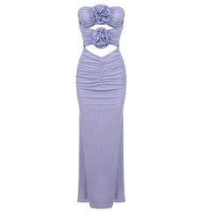 Blue Purple Mesh Elegant Three Dimensional Floral Evening Dress Strapless Dress