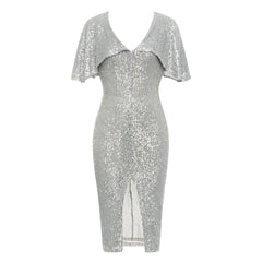 Dress for Simple V neck Flounced Sleeve Short Sleeve Sequined Party Split Dress