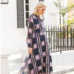 Vestido largo y dulce de cintura alta, manga larga y cuello de bufanda